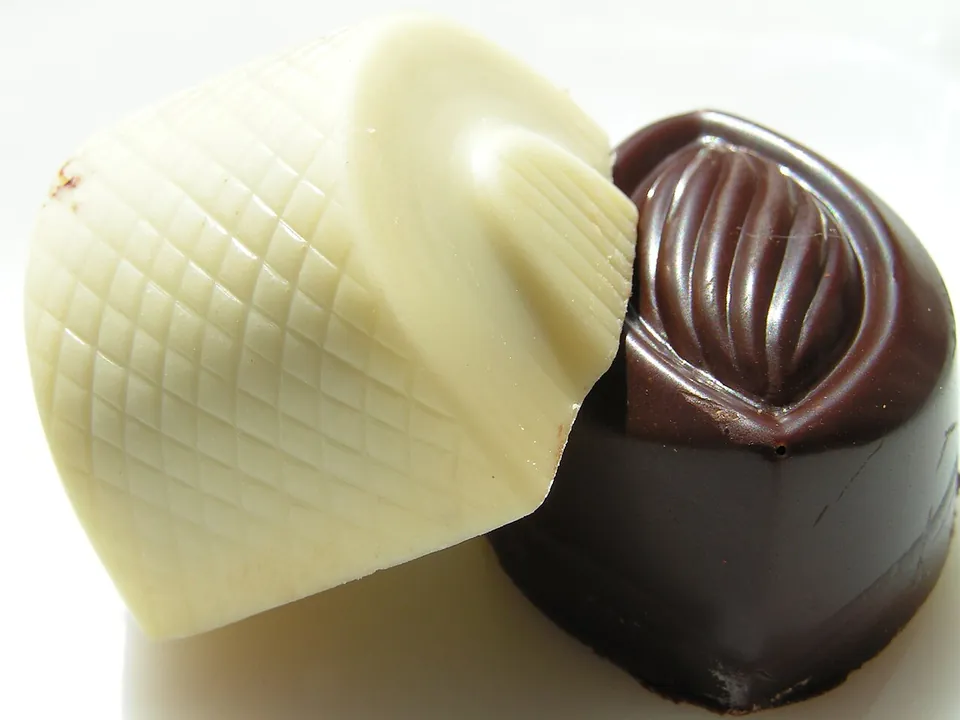 ベルギーチョコレートの実写写真（ベルギーチョコレートのプラリネ（充填チョコ）の完成品。要因の『充填チョコレート製法（プラリネ）』と一致）
