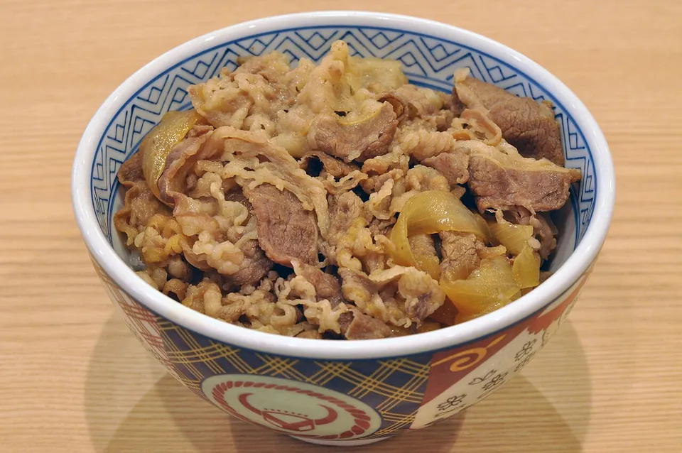 牛丼の実写写真（牛肉と玉ねぎの甘辛煮を丼飯に乗せた標準的な牛丼。）
