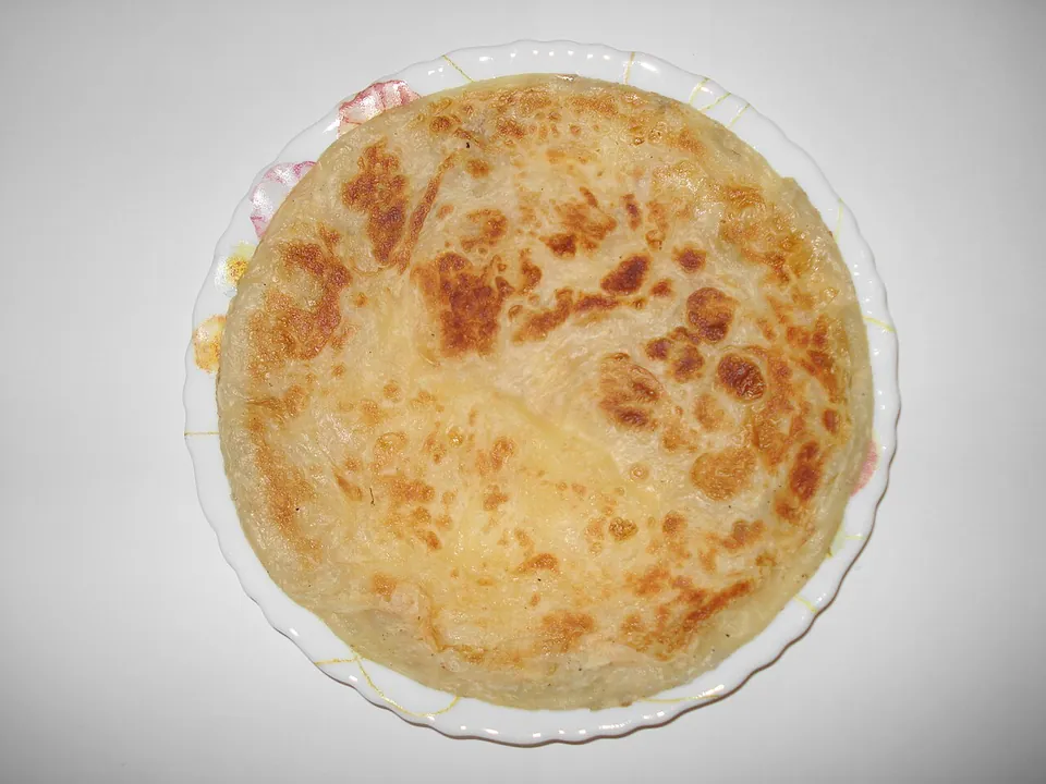 パラタの実写写真（北インド式パラタ（層状の焼きプレーンフラットブレッド）の標準形。）