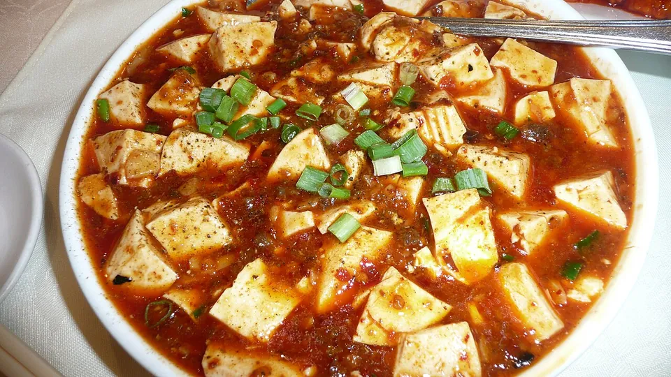 麻婆豆腐の実写写真（中国式の麻婆豆腐の完成皿（Sichuan/中華の麻婆豆腐。前回却下=日本すき家のFF版を回避。撮影 Brücke-Osteuropa, PD））