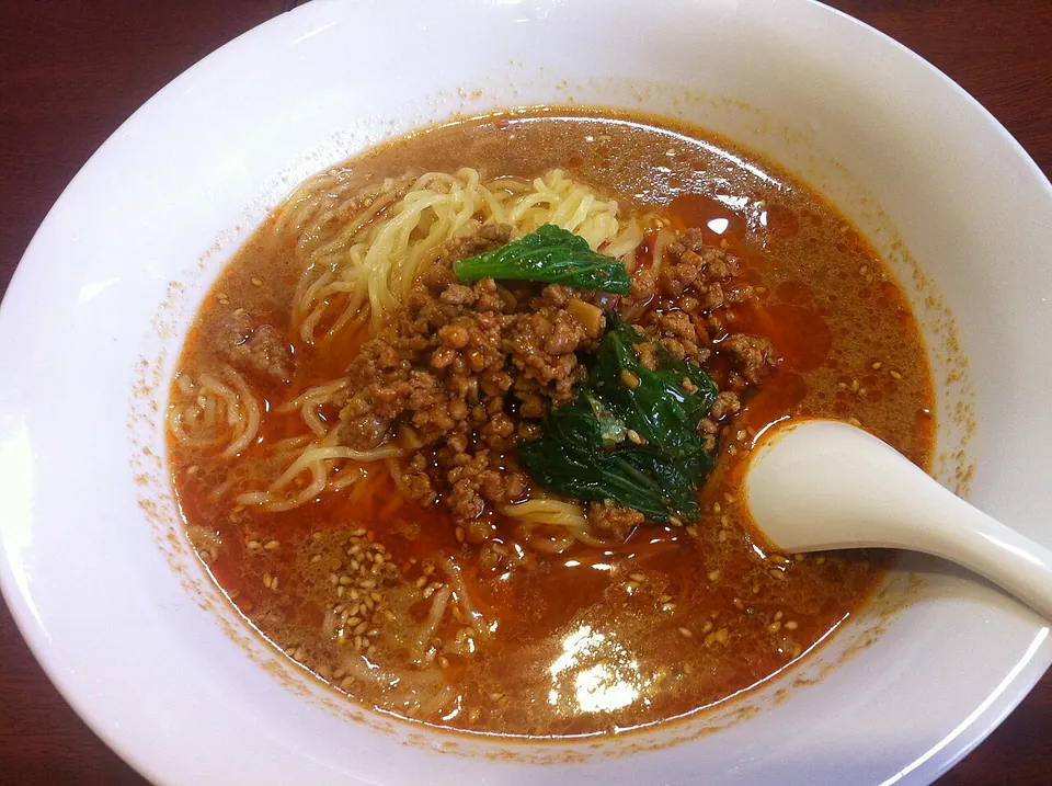 日本式担々麺（汁あり担々麺）の実写写真（日本式・汁あり担々麺（現行型）。赤いラー油スープの丼に小麦麺・豚挽肉・青梗菜・胡麻・れんげ。四川式汁なし(#194)と別ノードの汁あり様式に整合。）