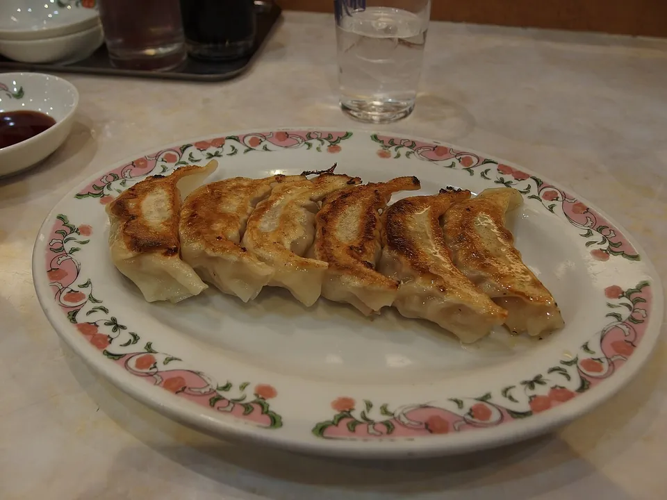 焼き餃子の実写写真（羽根つき焼き餃子・タレ添えの標準的な完成盛り）