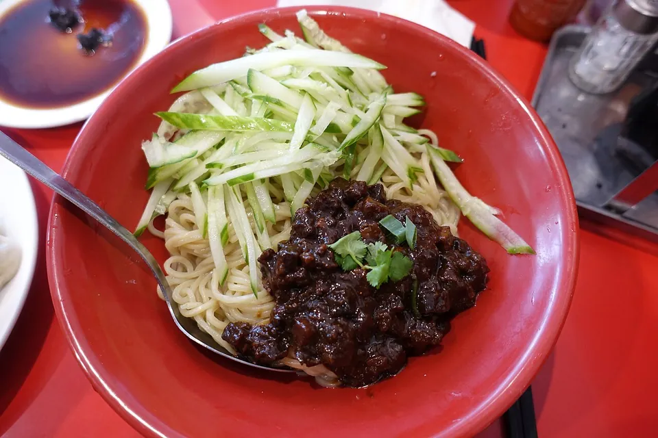 炸醤麺の実写写真（中国式炸醤麺（北京/山東系）の完成皿＝黒い炸醤（肉味噌）が麺に乗り、千切りキュウリを添えた特徴的な一皿。↺再挑戦=前回却下『特徴が映っていない』を回避（黒い炸醤・具材・麺が明瞭）。撮影はパリの中華店だが料理は中国式炸醤麺（韓国のチャジャンミョンとは別）。CC BY 2.0=帰属付き。）