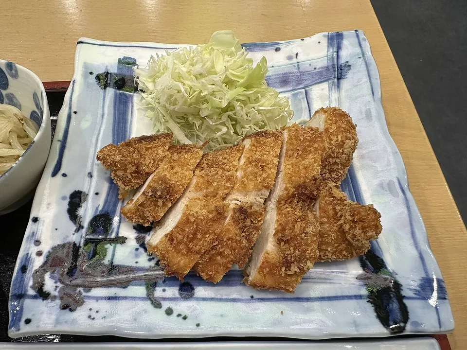 とんかつの実写写真（現行型の代表的な完成皿＝厚切り豚ロースにパン粉衣を付け揚げ・切り分け・千切りキャベツ添え（日本・和定食スタイル）。前回却下『一般的なとんかつの見た目でない』を回避＝典型的な切り分け＋キャベツ添えの標準構図。CC BY 4.0。）