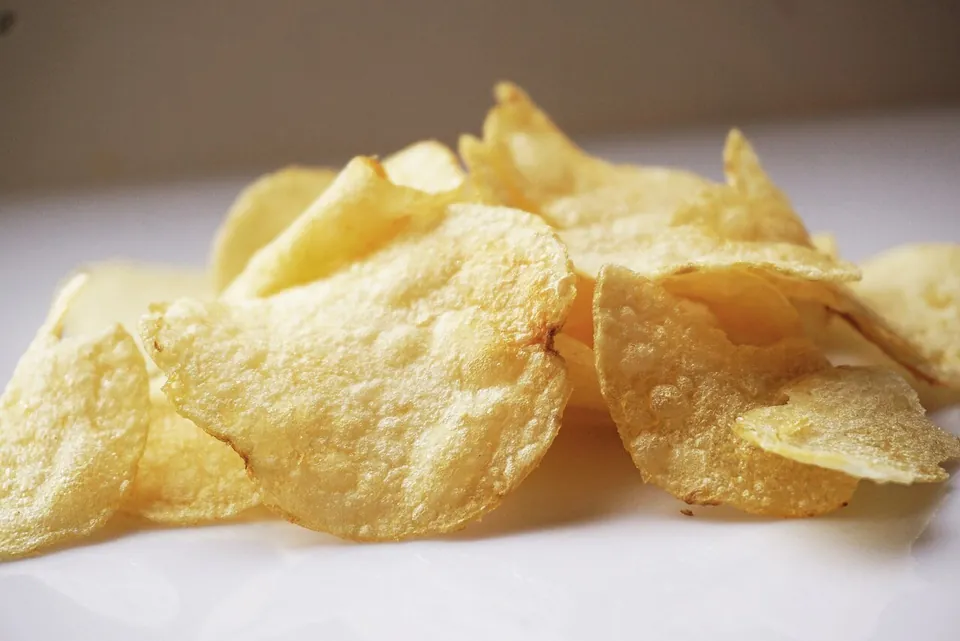 ポテトチップスの実写写真（現行形の完成品=薄切り揚げポテトチップスのクローズアップ(プレーン)。米国(Michigan)撮影で対象地域=米国と整合。起源説D(Crum発祥譚)は反証済だが本画像は起源譚を補強しない中立な料理写真=装飾。）