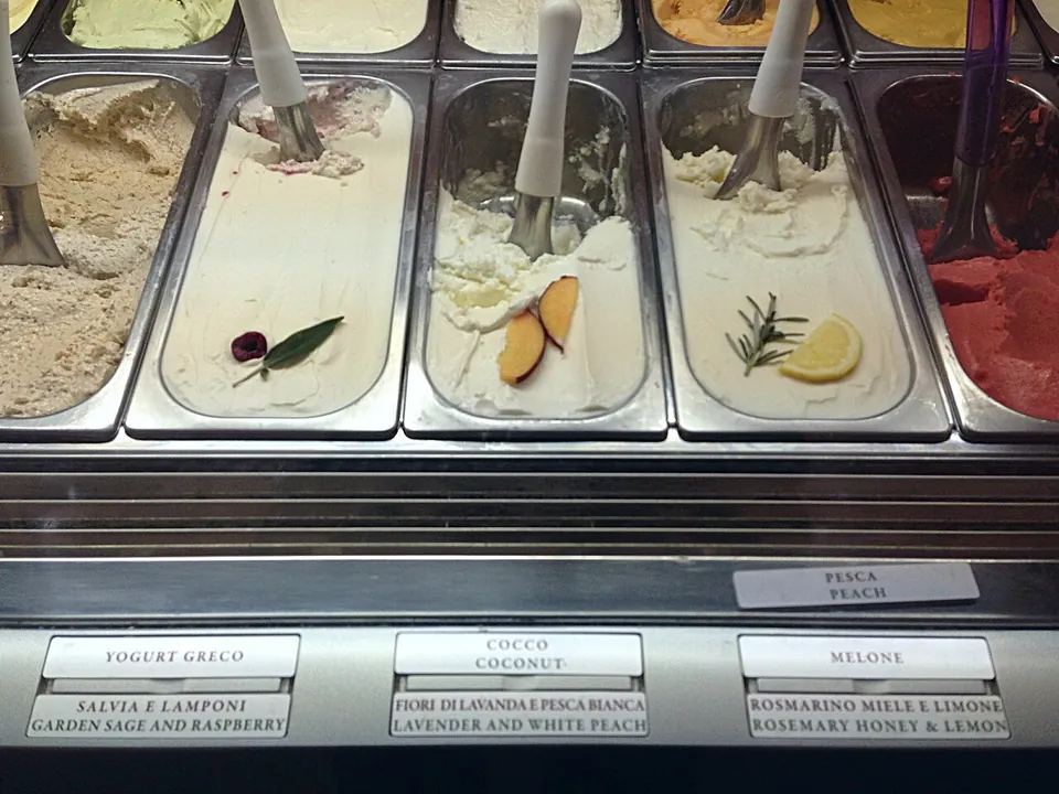 ジェラートの実写写真（ローマのジェラテリア（Gelateria del Teatro）のパン（バット）に並ぶ乳系ジェラート各種フレーバー。アイスクリームとの混同を避け、イタリアの専門店内・イタリア語フレーバー表示が写る一枚を選定。）