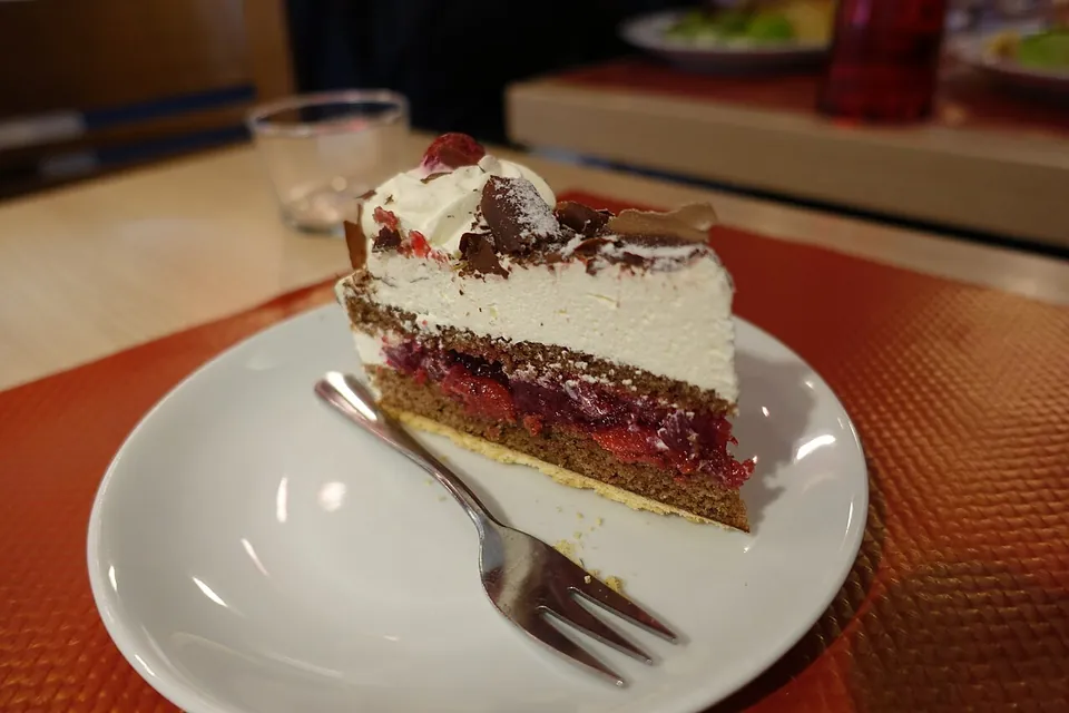 ブラックフォレストケーキの実写写真（チョコレートスポンジ・サクランボ・生クリームの層が明瞭なブラックフォレストケーキ断面）